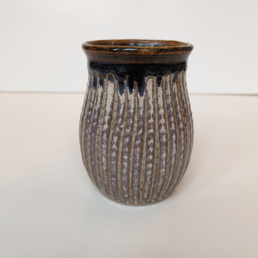Artisan Handmade Pottery Stoneware Coffee or Tea Mug - Ribbed Blue Gray Brown - Picture 5 of 7